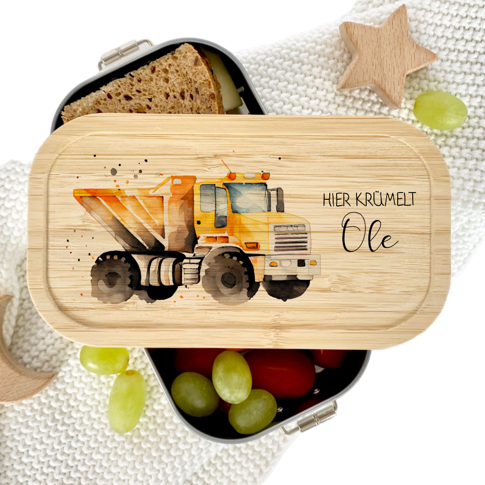 Lunchbox "LKW" wählbar in Edelstahl mit Bambusdeckel und Namen für Kinder | Brotbox mit Kipper, Baufahrzeug Motiv | Personalisiertes Geschenk für Kinder