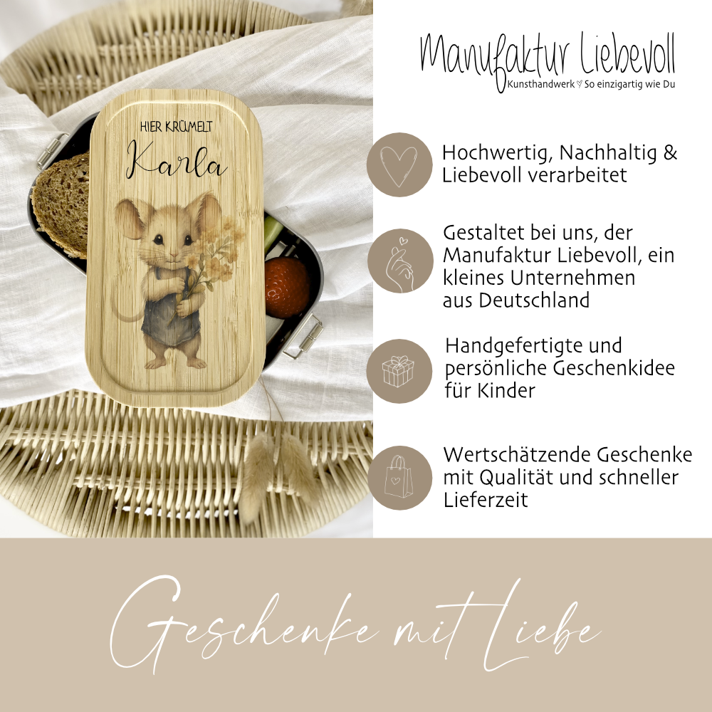 Lunchbox "Maus" wählbar in Edelstahl mit Bambusdeckel und Namen für Kinder | Brotdose mit Maus Motiv | Personalisiertes Geschenk für Kinder