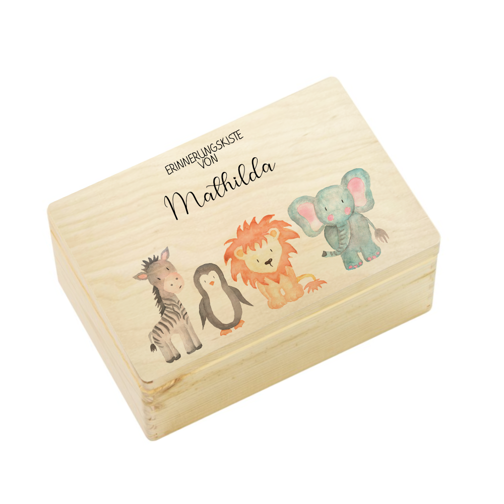 Personalisierte Erinnerungskiste "Aquarell Tiere" als Motiv für Babys zur Geburt und Taufe, Babygeschenk mit dem Namen, Holzkiste