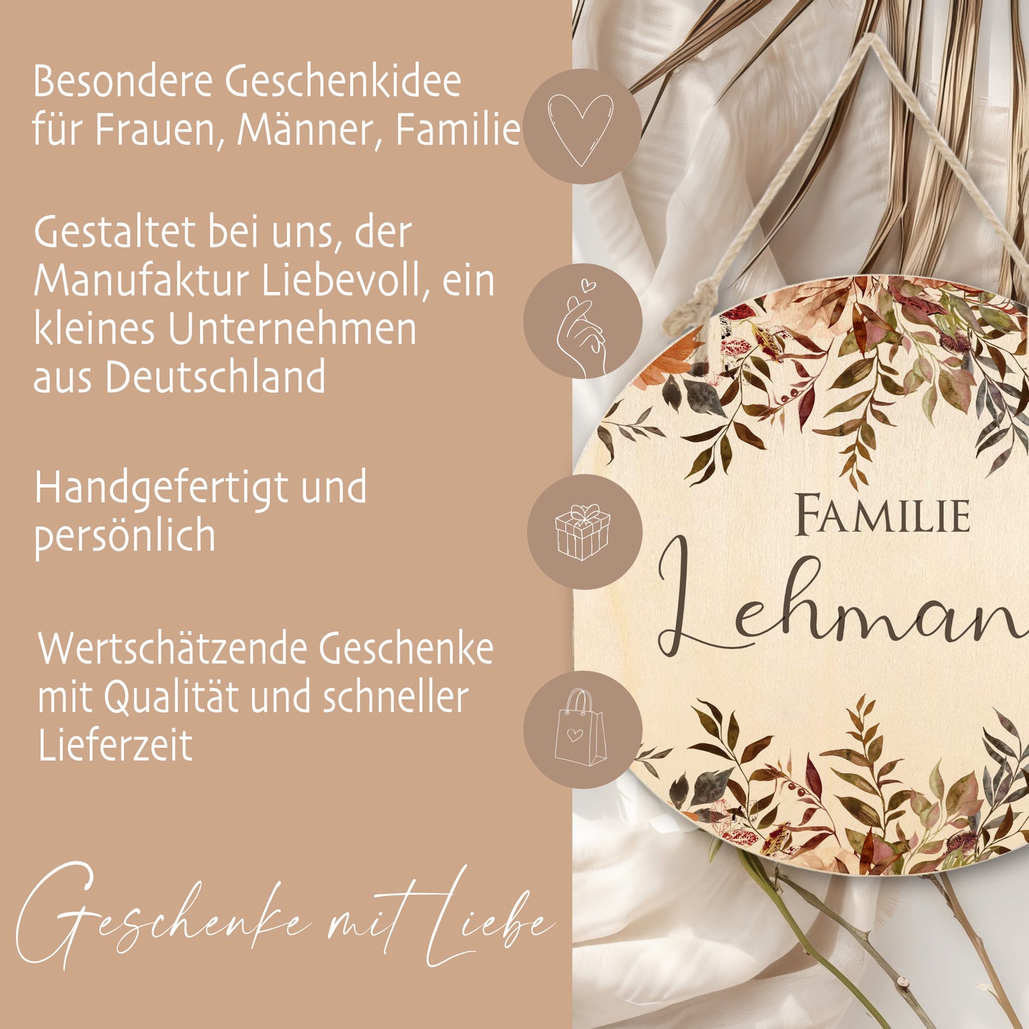 Familienschild "Wildblumen" mit dem Namen der Familie | Besondere Wohndeko u. liebevolles Geschenk für Familien "Autumn" | 3 Motivvarianten zur Auswahl