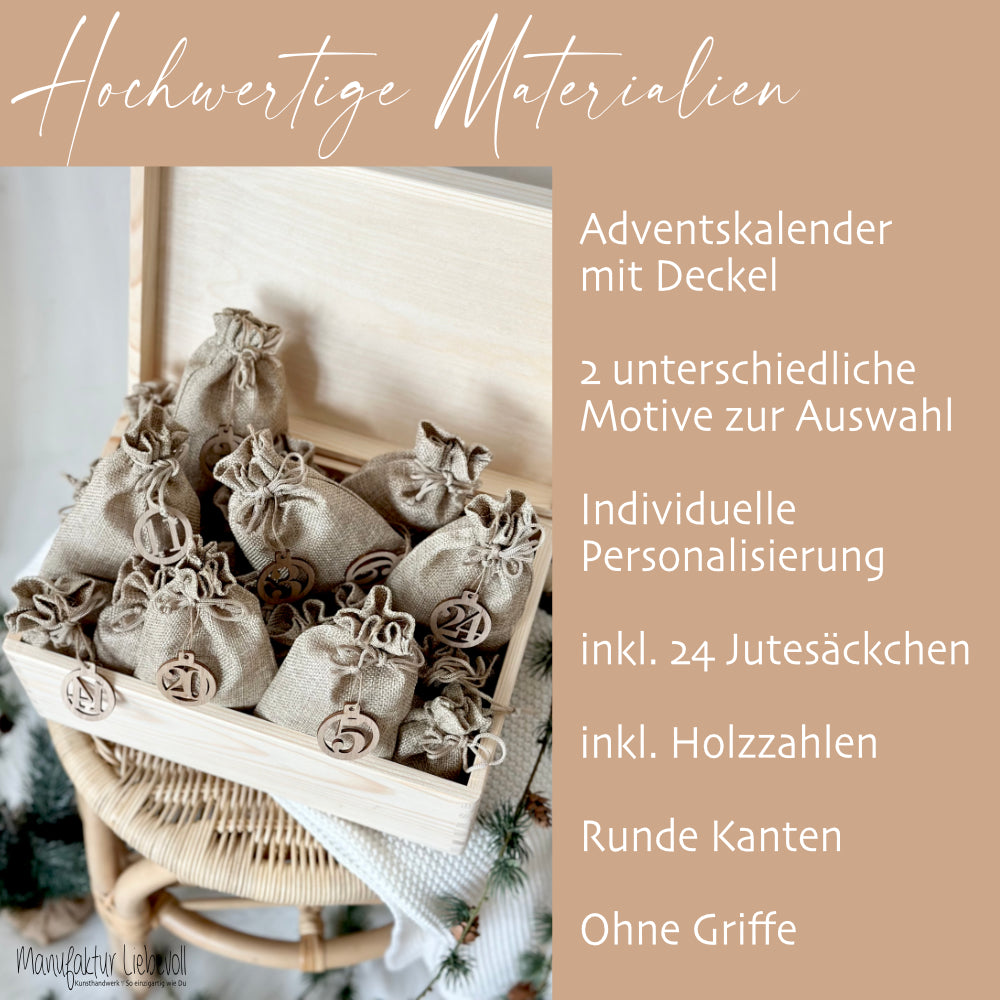 Personalisierter Adventskalender zum Befüllen, Adventskiste mit Fuchs und Rentier zum Auswählen