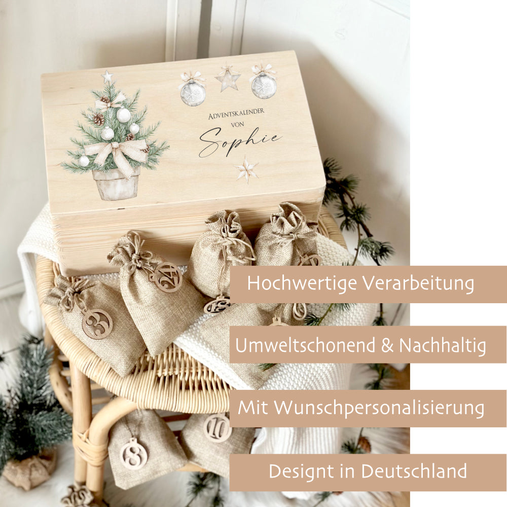 Personalisierter Adventskalender aus Holz mit Namen zum Befüllen, Motiv: Weihnachtsbaum