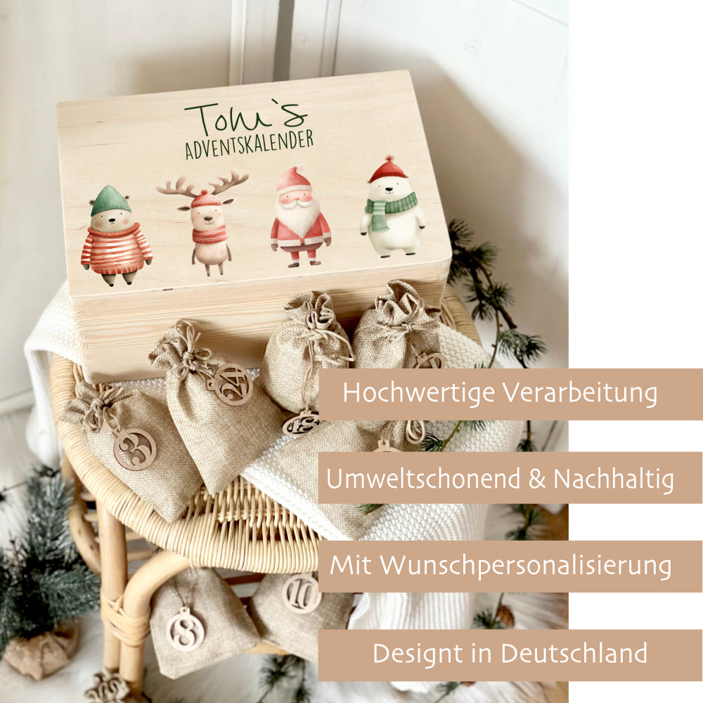 Personalisierter Adventskalender zum Befüllen, Adventskiste mit weihnachtlichen Figuren zum Auswählen