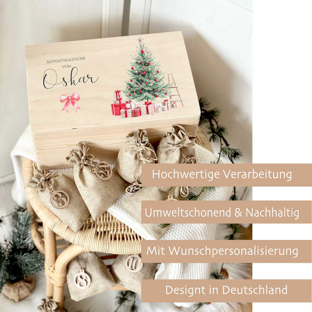 Personalisierter Adventskalender mit Weihnachtsbaum aus Holz mit Namen zum Befüllen für Kinder