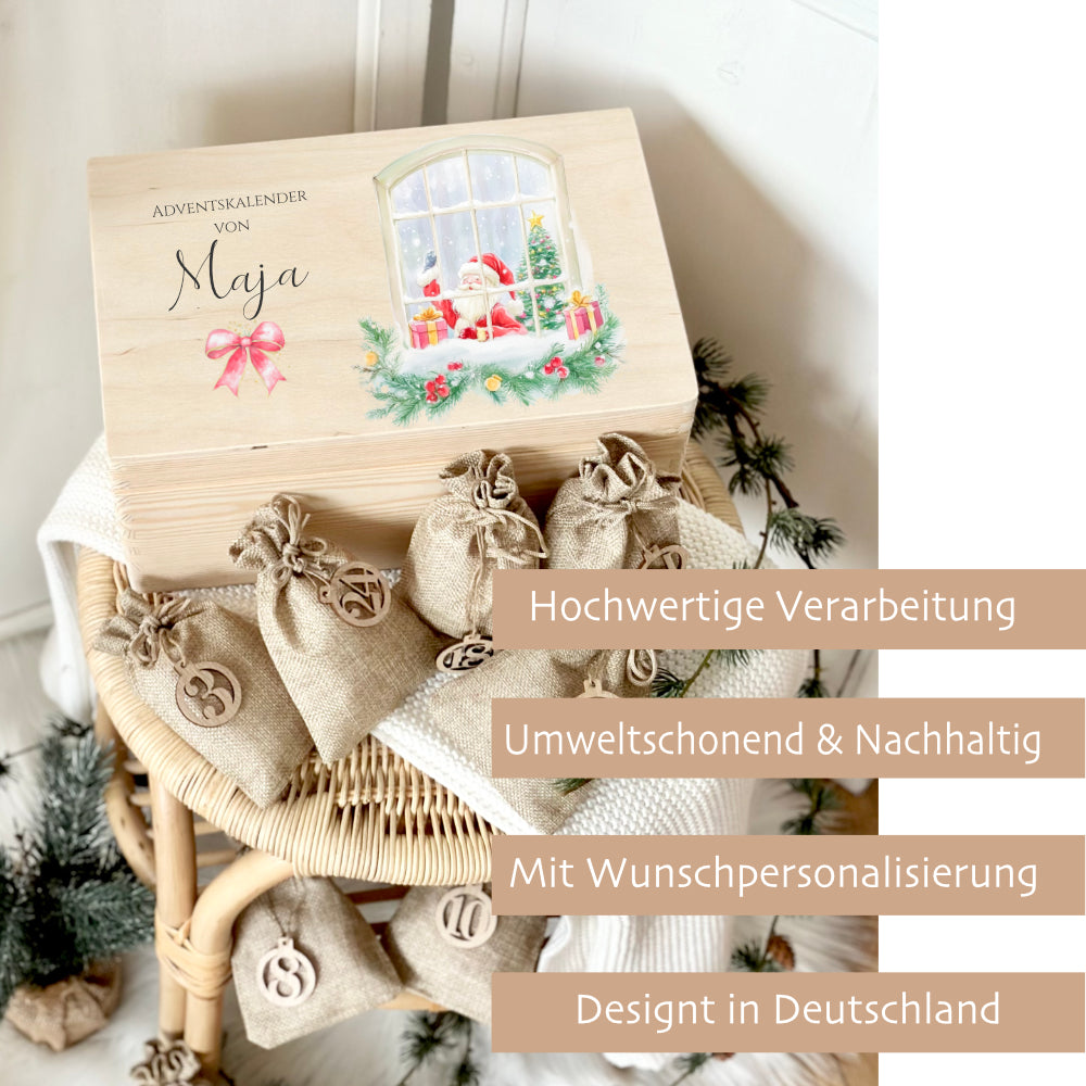 Adventskalender Personalisiert aus Holz zum Befüllen, Adventskiste mit Weihnachtsmann und Namen