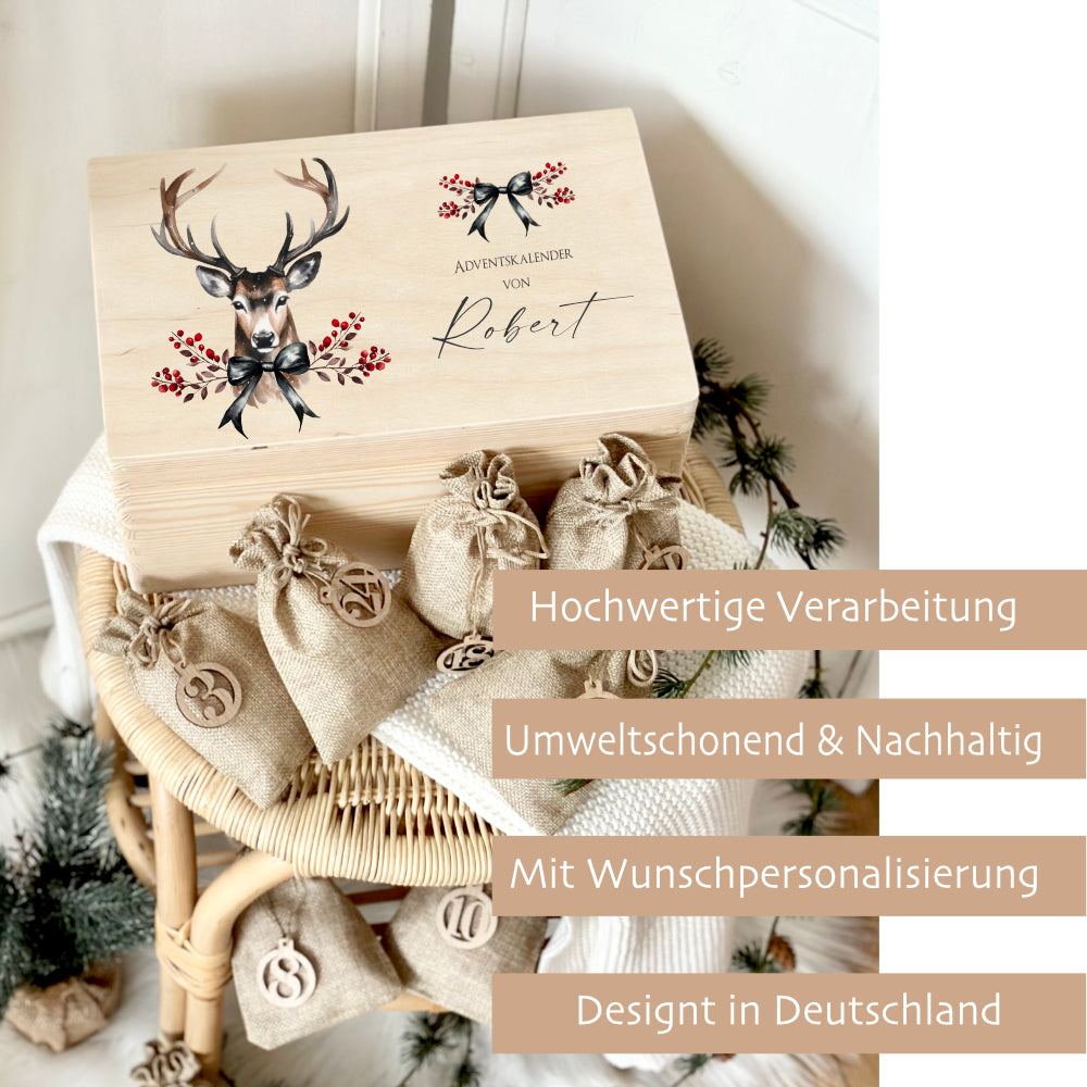 Personalisierter Hirsch Adventskalender aus Holz mit Namen zum Befüllen für Männer, Jungs, Teens