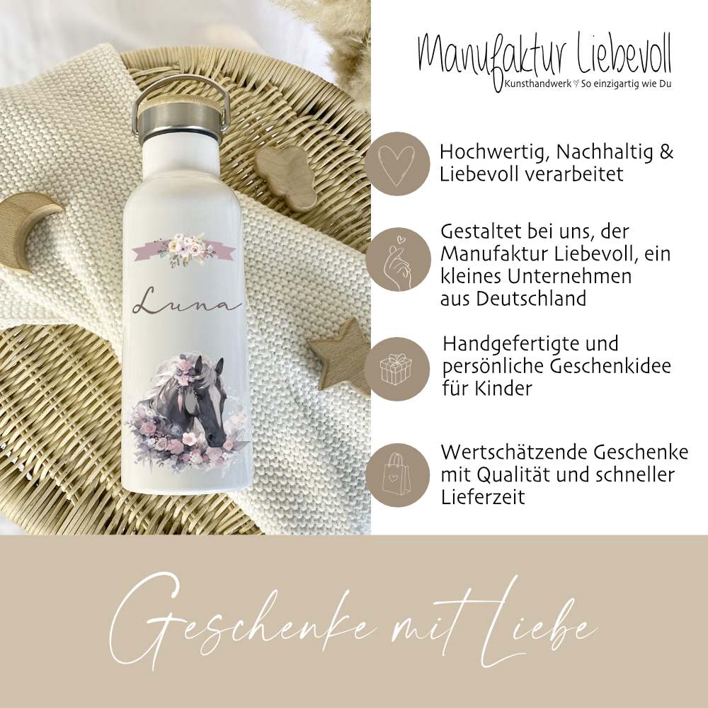 Thermosflasche mit Namen und Pferde Pony Motiv für Kinder als Geschenk