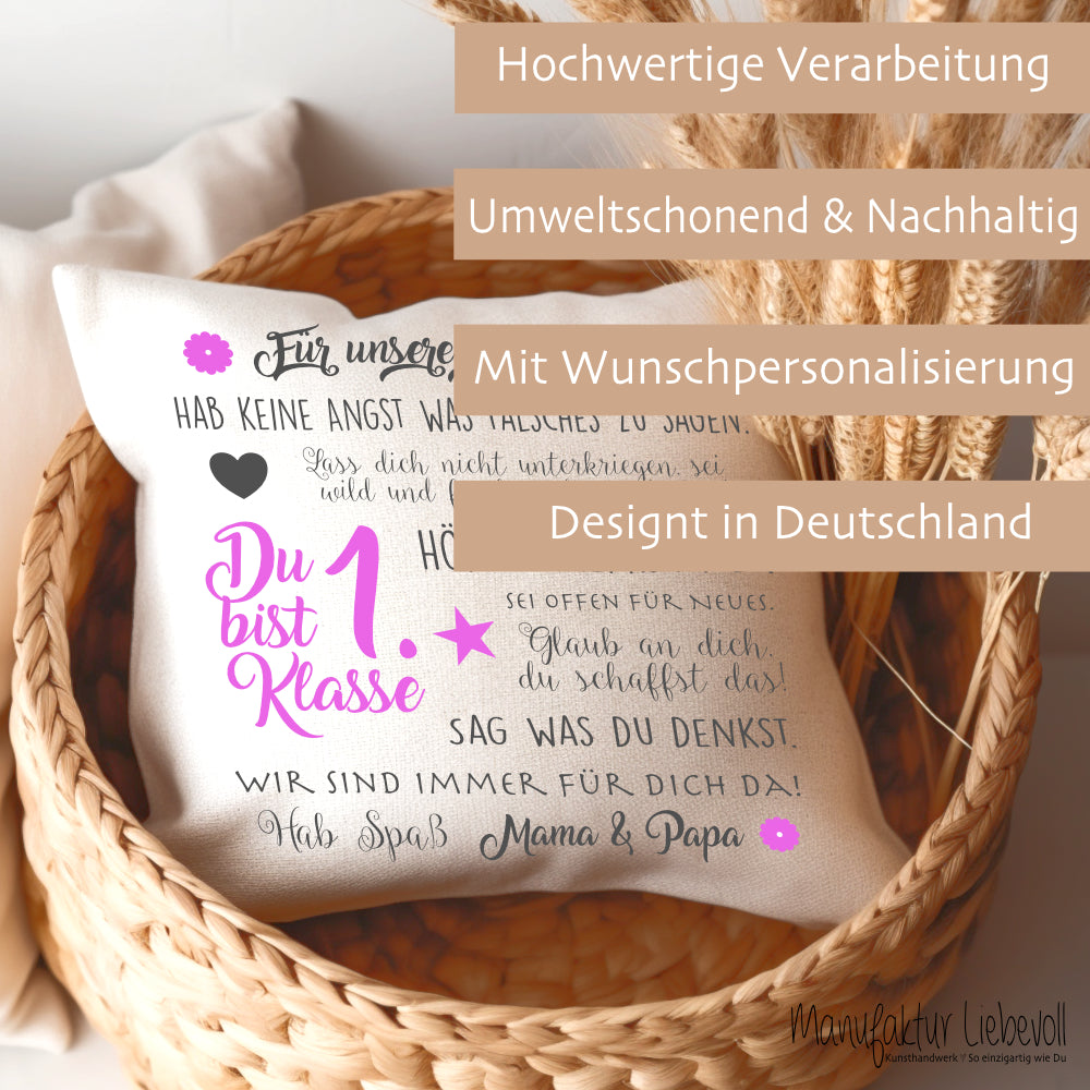 Kissen zur Einschulung "Du bist 1. Klasse" | Personalisiertes Einschulungsgeschenk für Mädchen und Jungen | 4 Varianten zur Auswahl