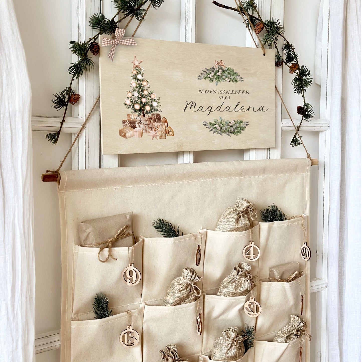 Vintage Adventskalender mit Namen personalisiert XL boho Stoff Adventskalender zum Befüllen Kalender Geschenk Frauen Männer Kinder Familie