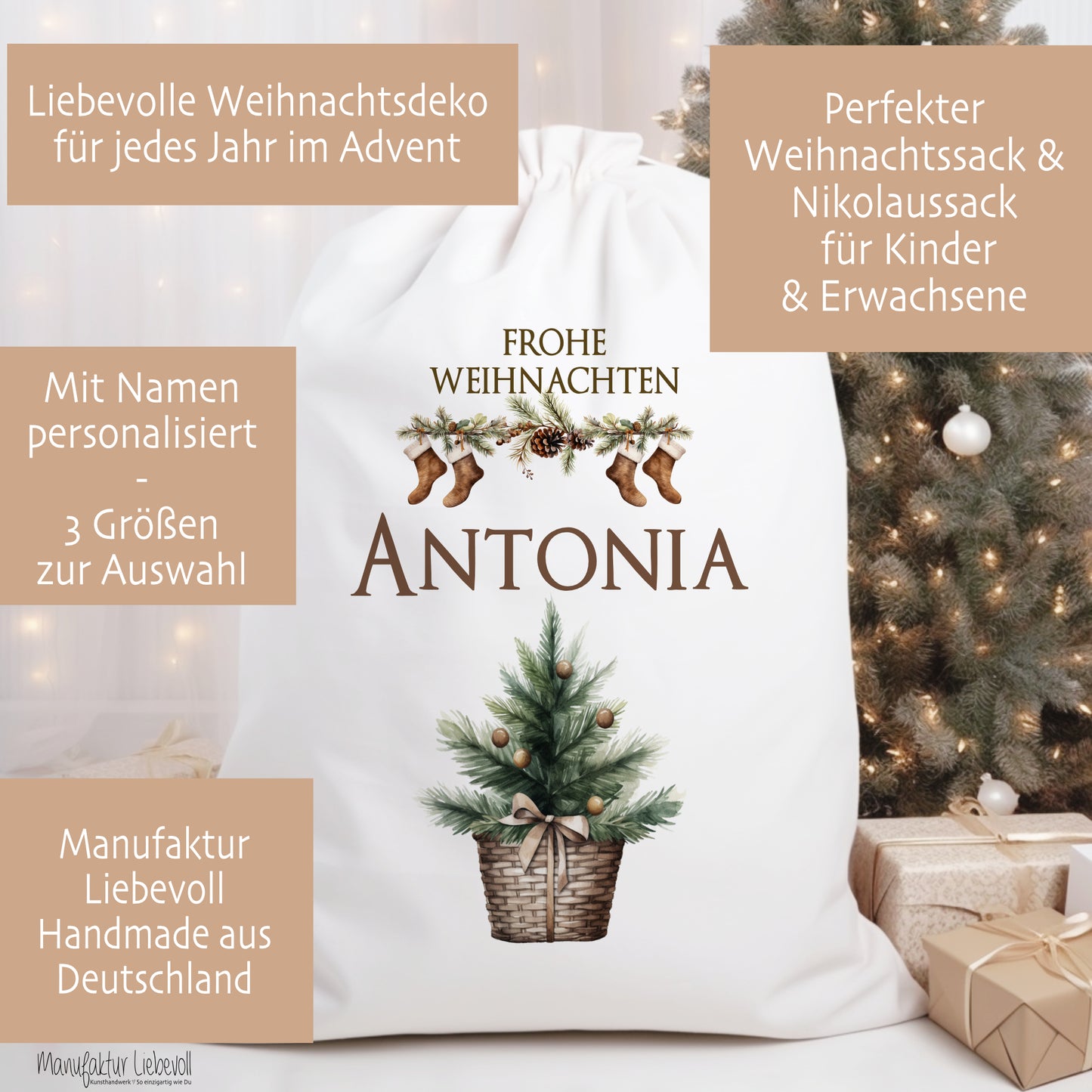 Personalisierter Weihnachtssack "Tannenbaum" zum Befüllen für Erwachsene und Kinder zu Weihnachten