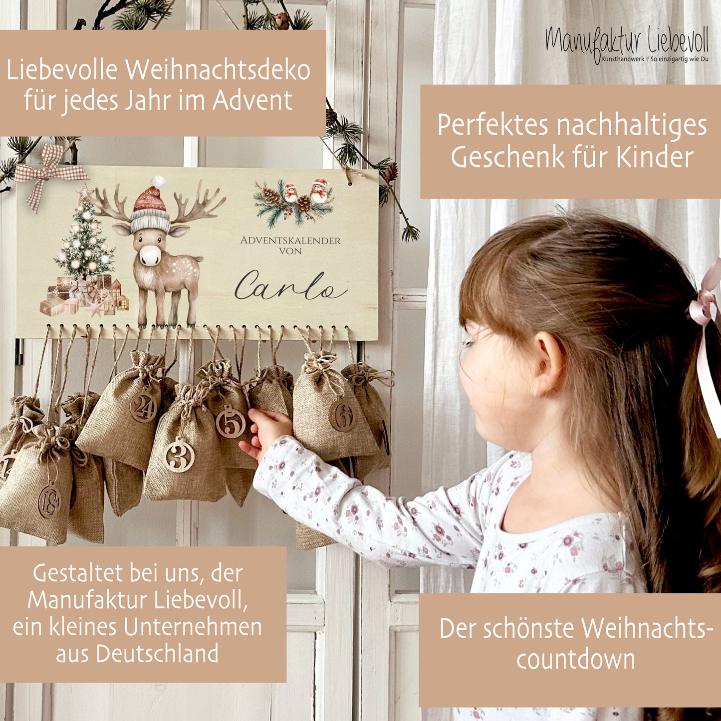 Personalisierter Adventskalender mit Namen zum Befüllen Kinder Adventskalender Holz Rentier Kinderadventskalender Elch Advent Jutesäckchen