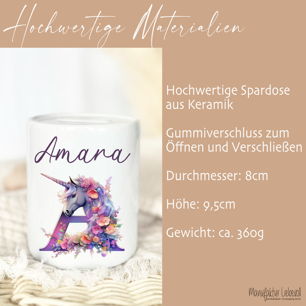 Einhorn Spardose mit Namen und Buchstaben für Mädchen als Geschenk