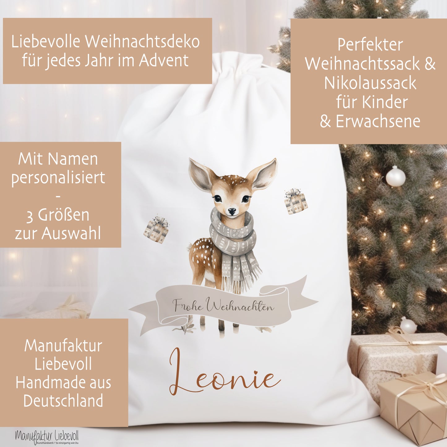 Geschenksack Namen Nikolaussack "Rehkitz" Kinder Erwachsene Weihnachtsmannsack