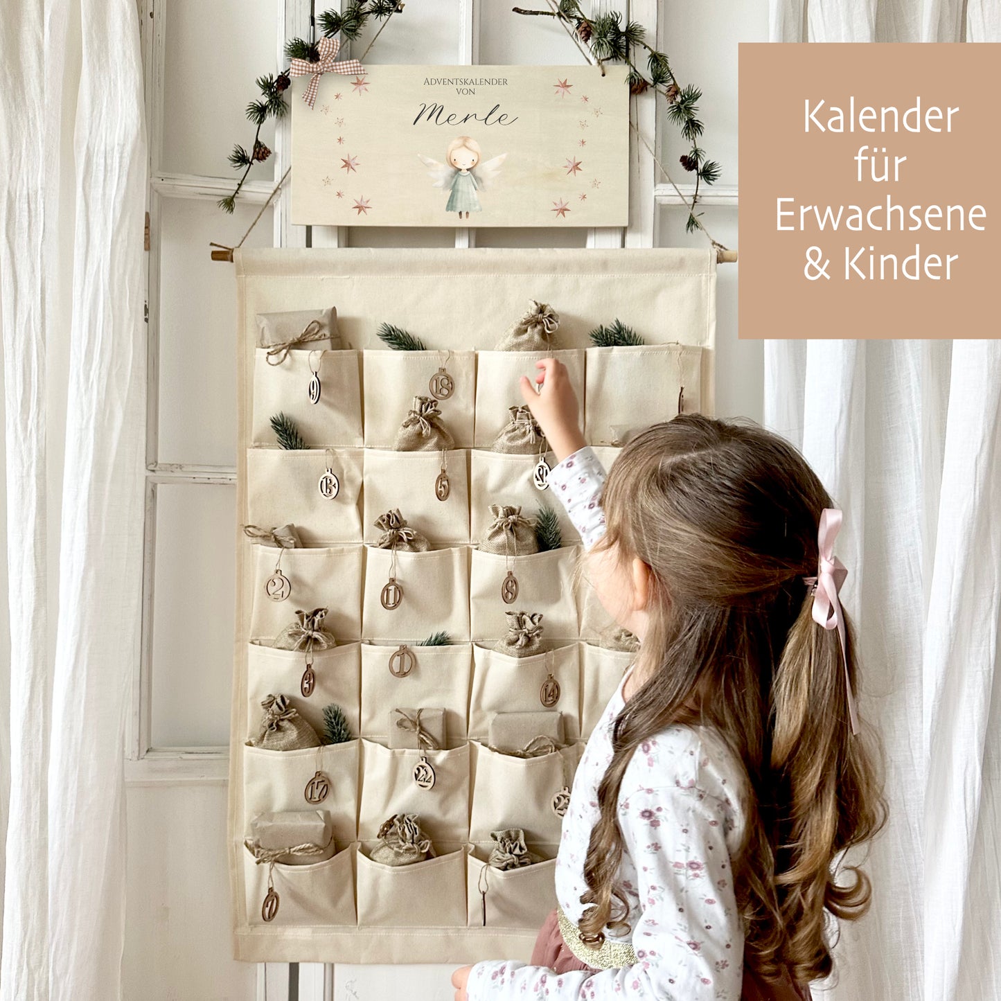 XL Adventskalender mit Namen zum Befüllen Stoff Adventskalender Engel personalisiertes Kalender Geschenk Frauen Männer Kinder Familie