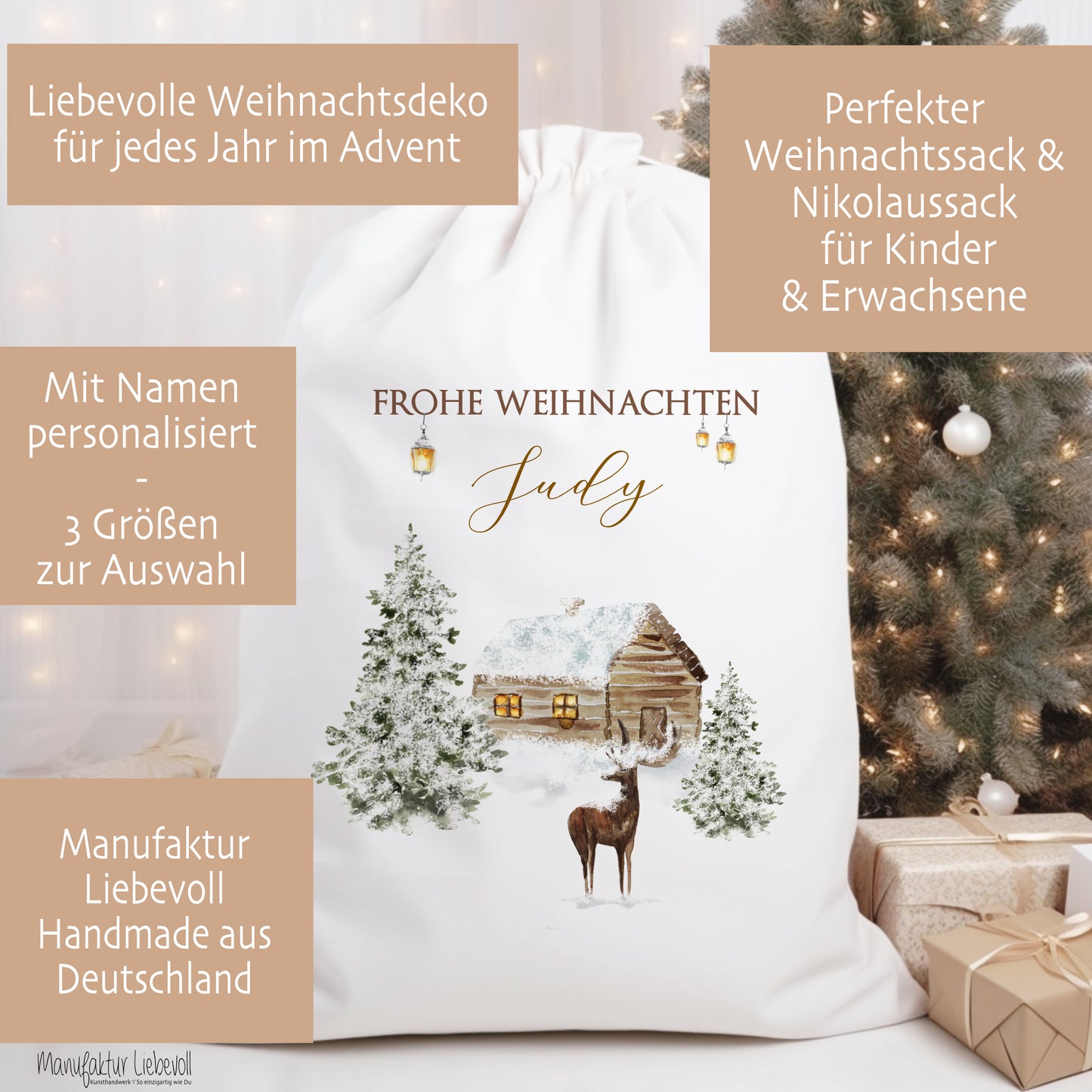 Geschenksack Namen Nikolaussack "Winterlandschaft" Kinder Erwachsene Weihnachtsmannsack