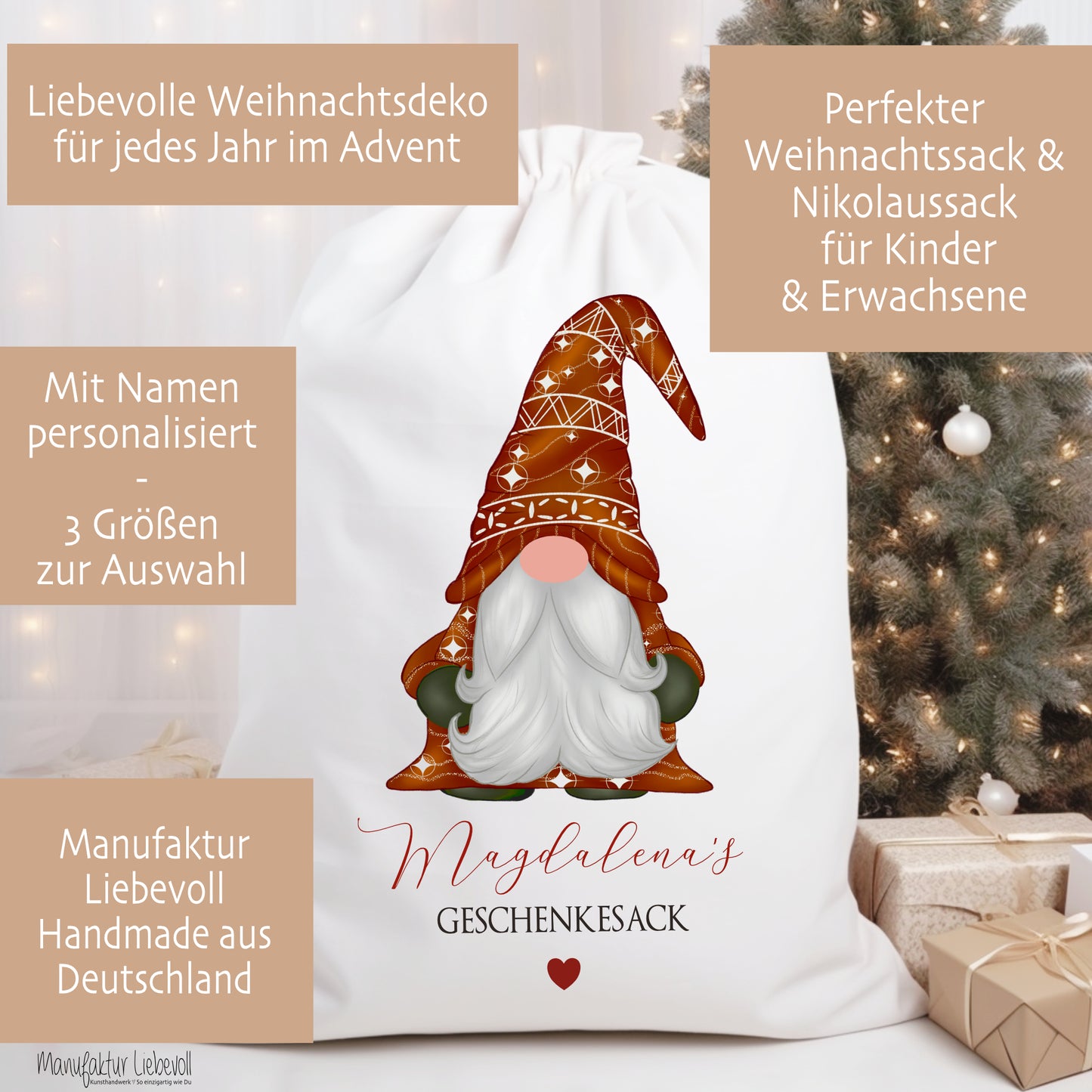 Geschenksack Namen Nikolaussack "Wichtel" Kinder Erwachsene Weihnachtsmannsack