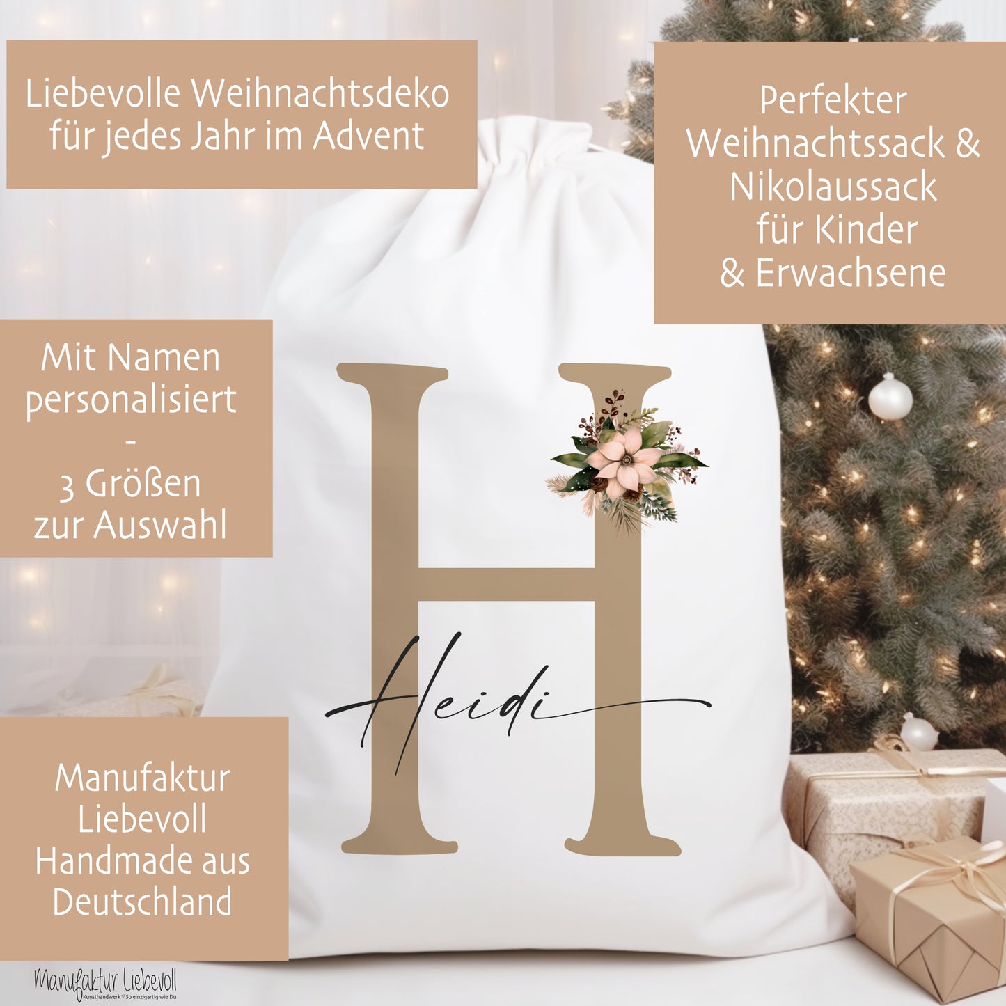 Geschenksack Namen Nikolaussack "Weihnachtsblume" Kinder Erwachsene Weihnachtsmannsack