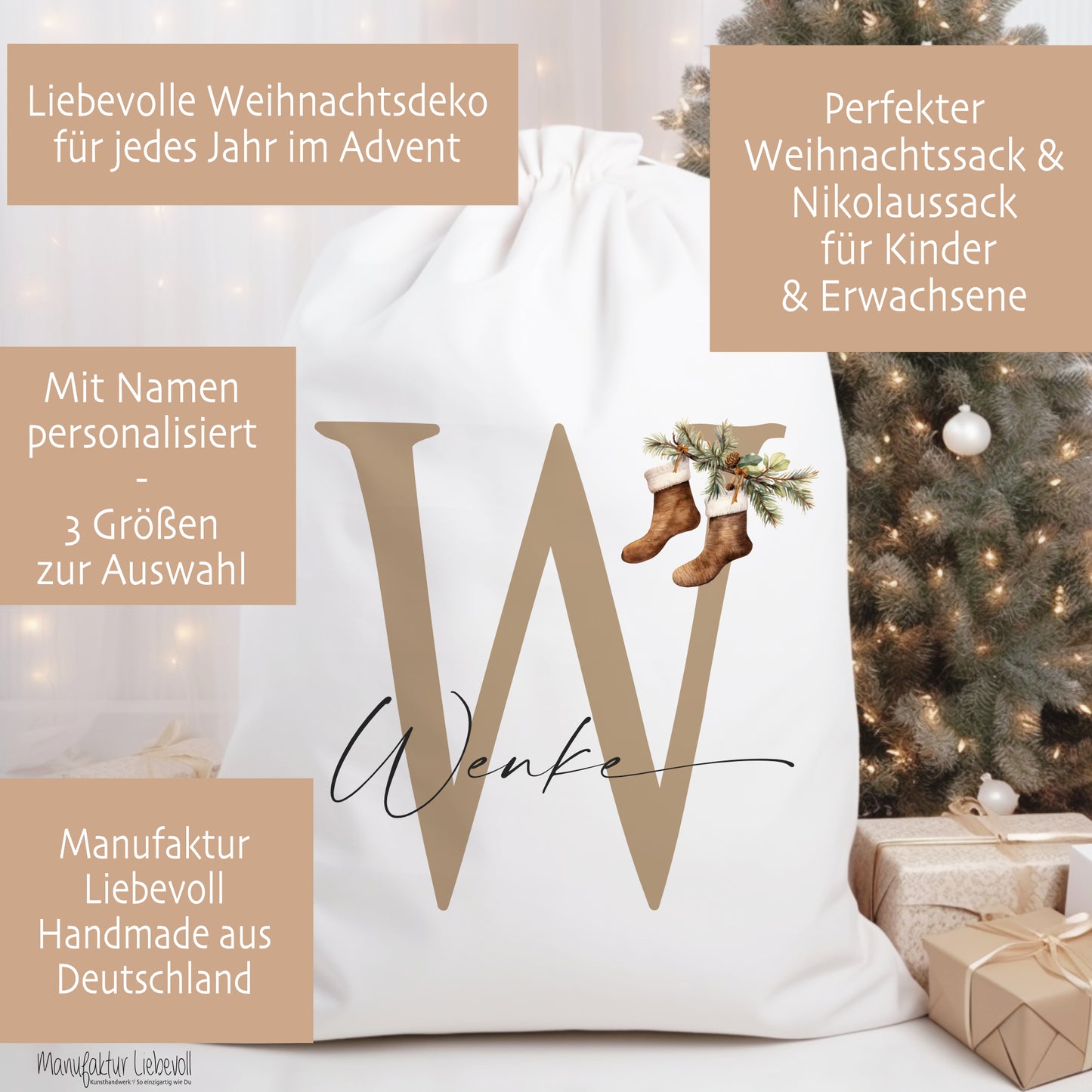 Geschenksack Namen Nikolaussack "Weihnachtsstrümpfe" Kinder Erwachsene Weihnachtsmannsack