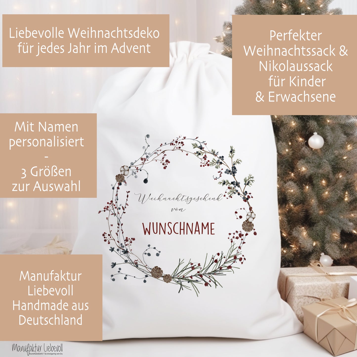 Geschenksack Namen Nikolaussack "Kranz" Kinder Erwachsene Weihnachtsmannsack