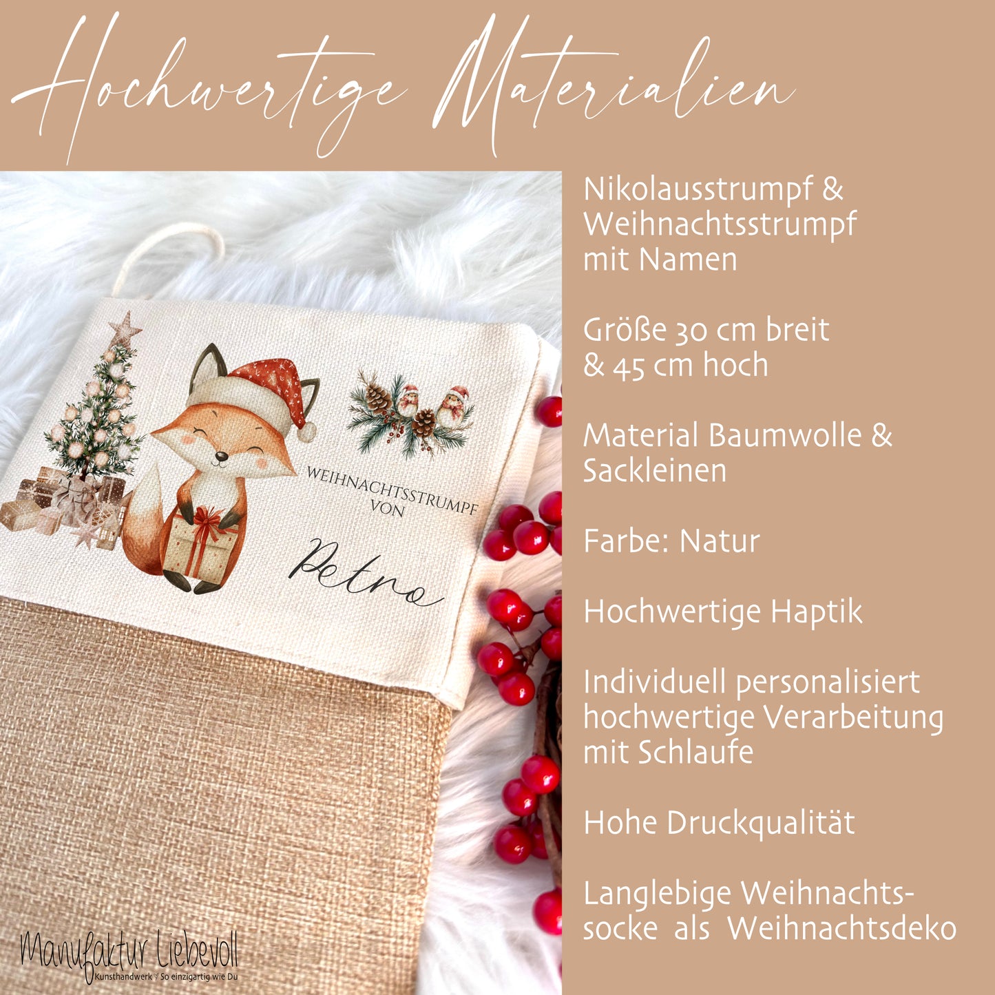 Nikolausstrumpf Nikolausstiefel personalisiert Kinder Weihnachtsstrumpf Fuchs Mädchen Jungen Name Weihnachtsstiefel Nikolaussocke