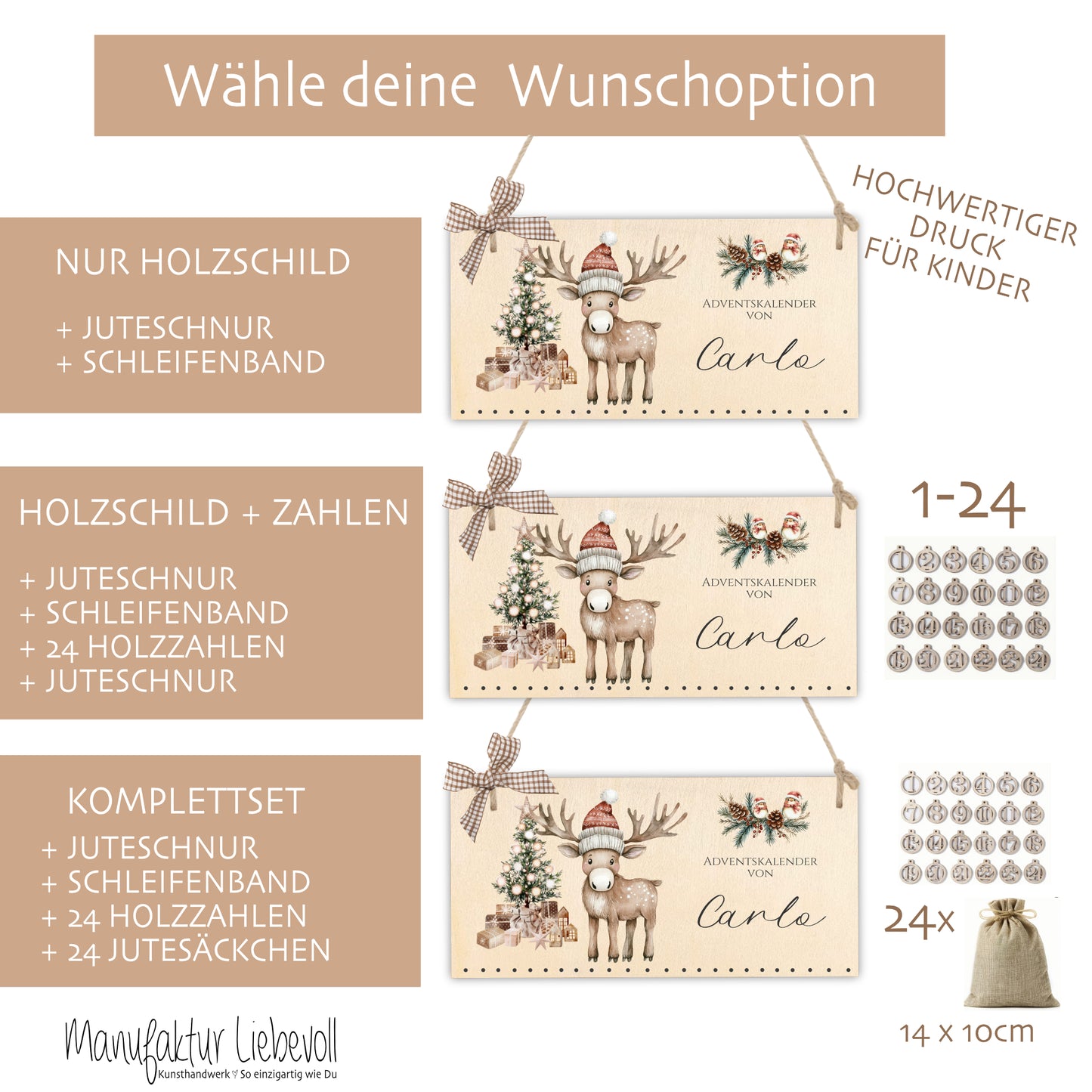 Personalisierter Adventskalender mit Namen zum Befüllen Kinder Adventskalender Holz Rentier Kinderadventskalender Elch Advent Jutesäckchen