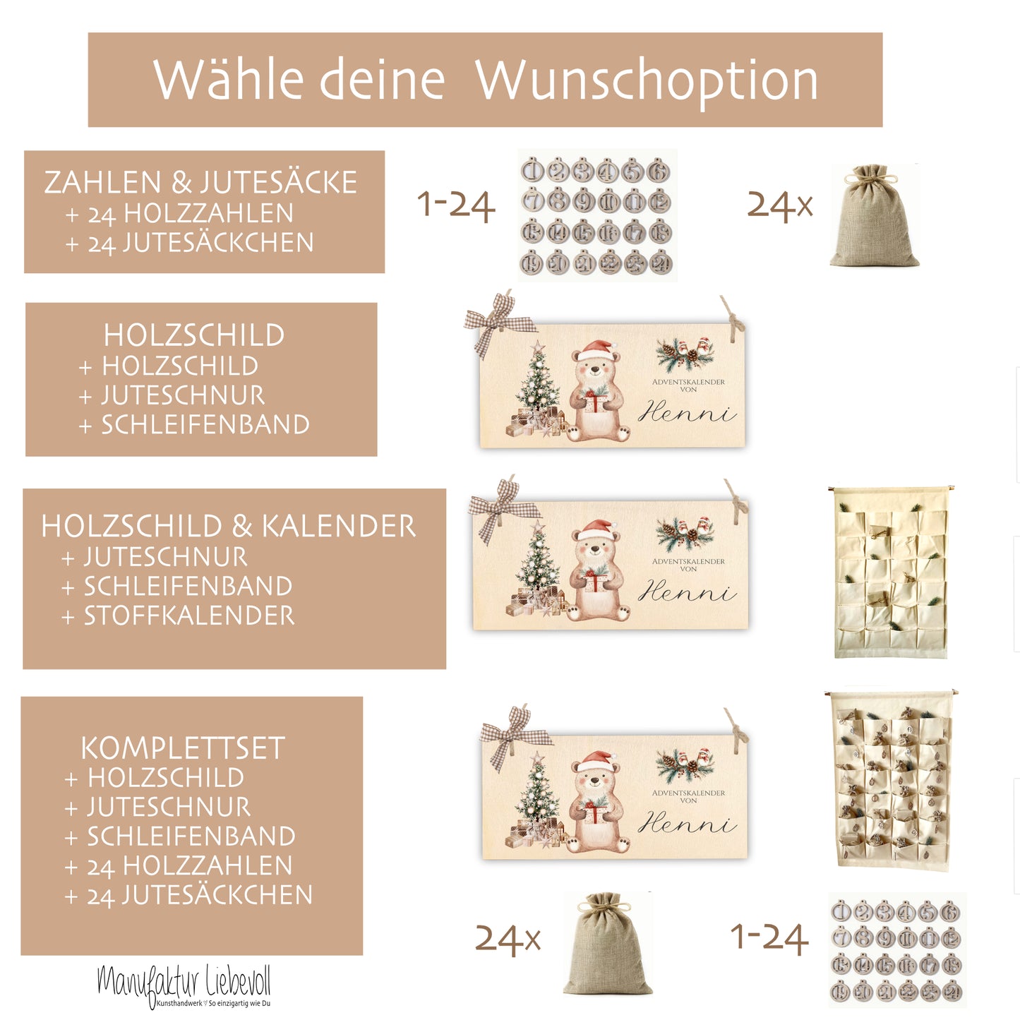 Personalisierter Kinder Adventskalender "Bär" mit Namen Holzschild Zahlen & Jutesäckchen  Adventskalender aus Stoff Befüllen Mädchen Jungen