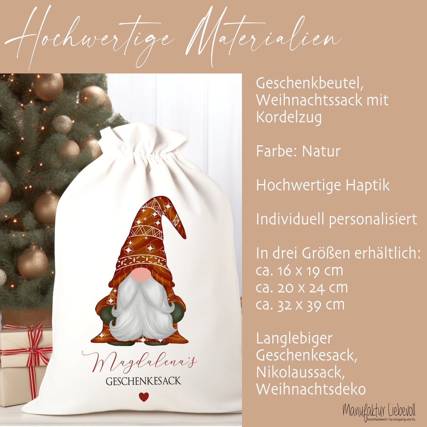 Geschenksack Namen Nikolaussack "Wichtel" Kinder Erwachsene Weihnachtsmannsack