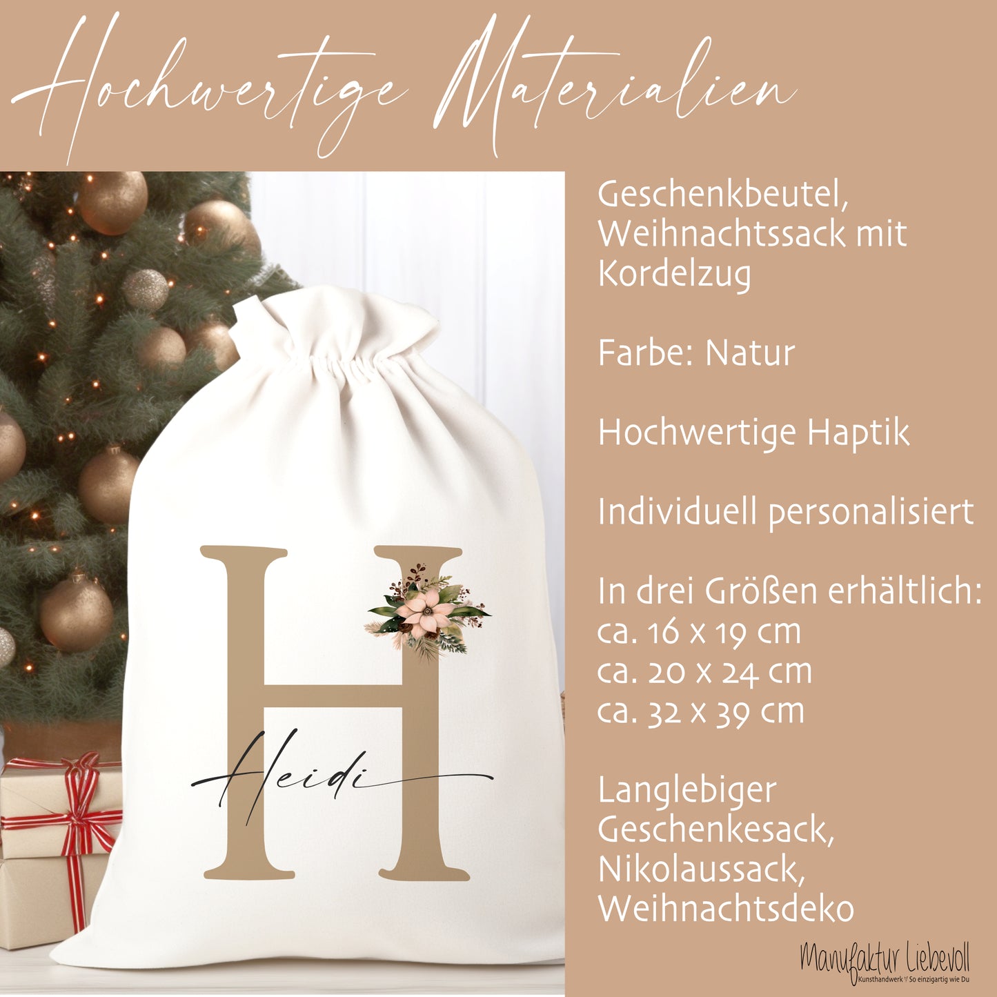 Geschenksack Namen Nikolaussack "Weihnachtsblume" Kinder Erwachsene Weihnachtsmannsack