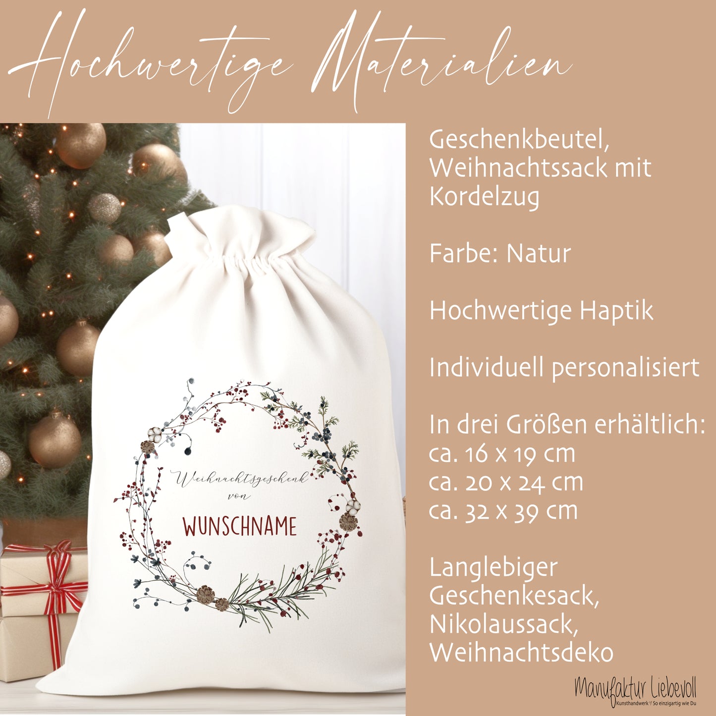 Geschenksack Namen Nikolaussack "Kranz" Kinder Erwachsene Weihnachtsmannsack