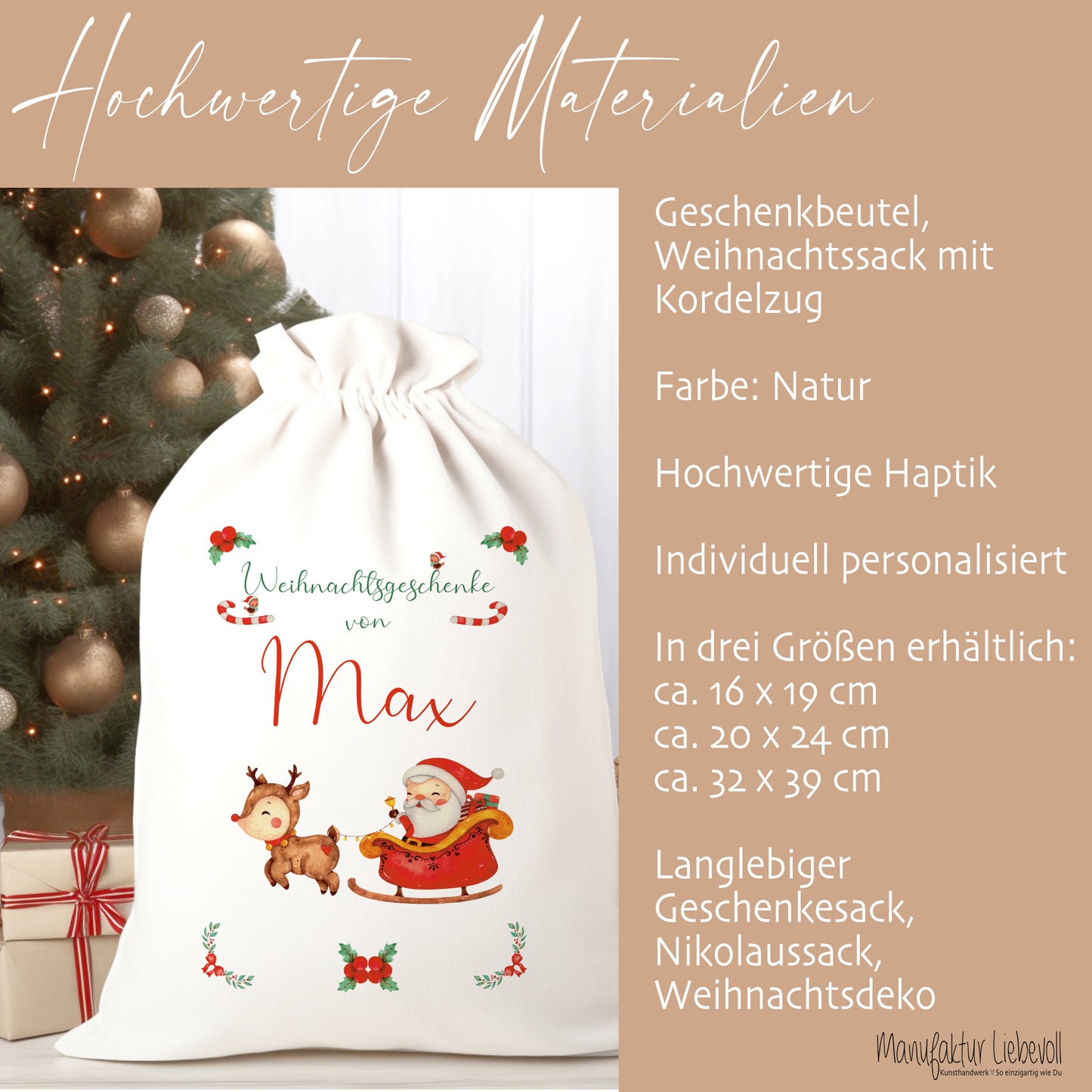 Geschenksack Namen Nikolaussack "Weihnachtsmann Schlitten" Kinder Erwachsene Weihnachtsmannsack