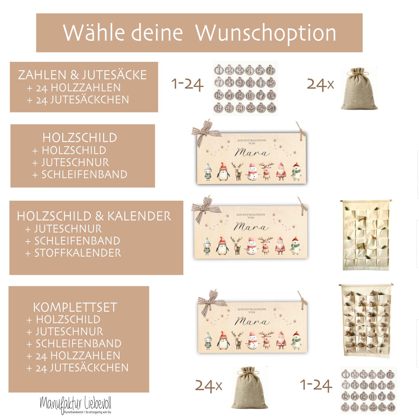 Kinder Adventskalender "Weihnachtsfiguren" mit Namen personalisiert aus Stoff zum Befüllen Holzschild Adventskalender jedes Jahr Weihnachten Mädchen Jungen