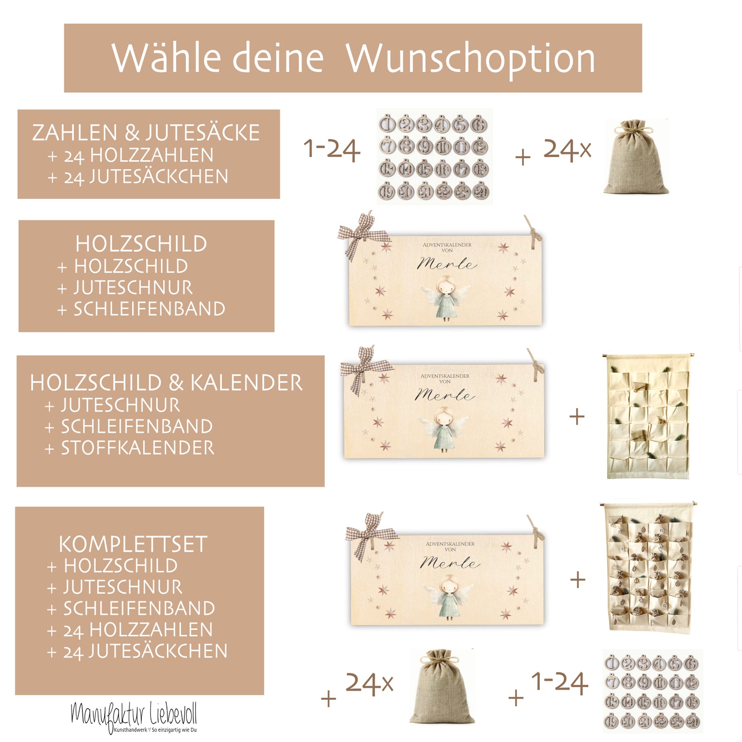 XL Adventskalender mit Namen zum Befüllen Stoff Adventskalender Engel personalisiertes Kalender Geschenk Frauen Männer Kinder Familie