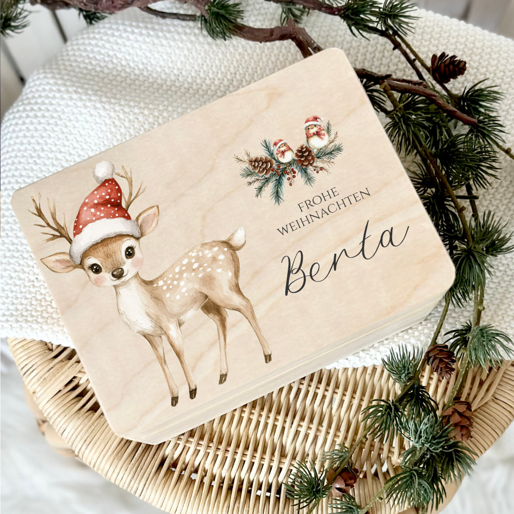 Weihnachten Holzbox Personalisiert Reh Holzbox Geschenk Frohe Weihnachten Personalisierte Heiligabend Box für Kinder Rehkitz Weihnachtsbox