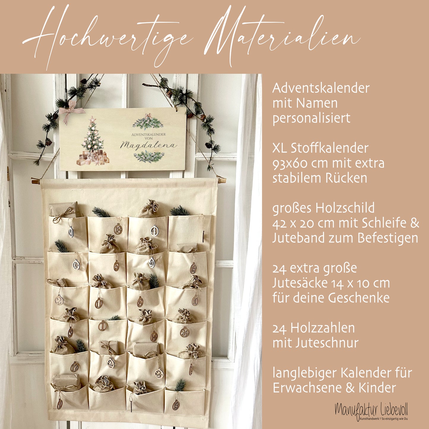 Vintage Adventskalender mit Namen personalisiert XL boho Stoff Adventskalender zum Befüllen Kalender Geschenk Frauen Männer Kinder Familie