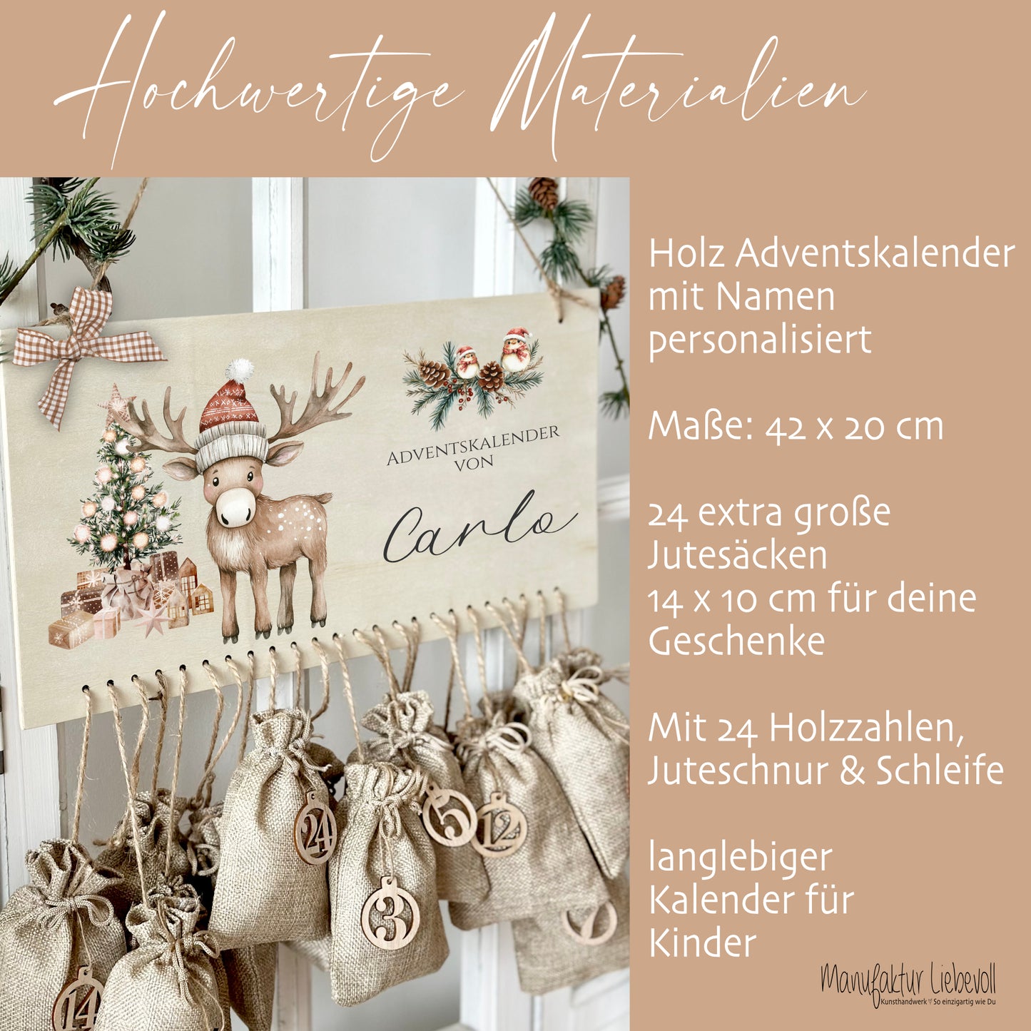 Personalisierter Adventskalender mit Namen zum Befüllen Kinder Adventskalender Holz Rentier Kinderadventskalender Elch Advent Jutesäckchen