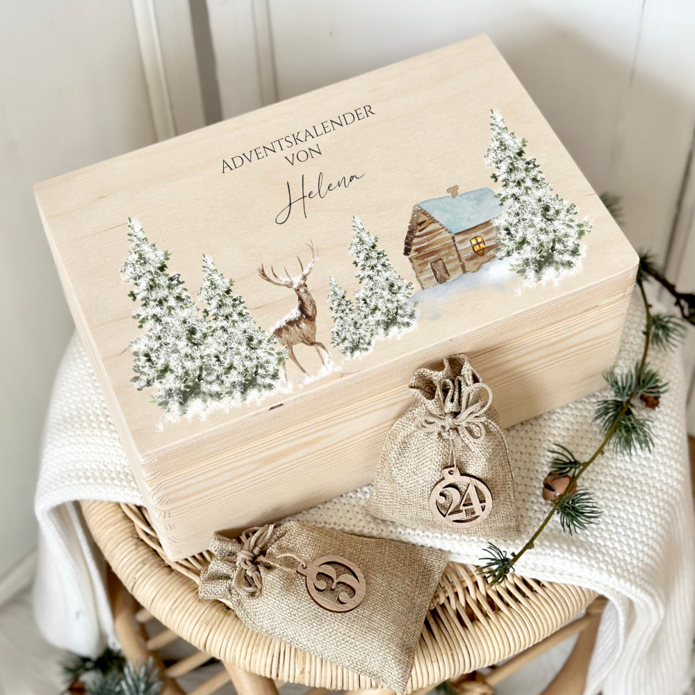 Personalisierter Adventskalender zum Befüllen, Adventskiste mit Winterlandschaft