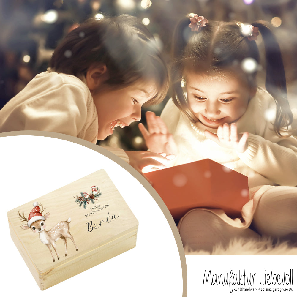 Weihnachten Holzbox Personalisiert Reh Holzbox Geschenk Frohe Weihnachten Personalisierte Heiligabend Box für Kinder Rehkitz Weihnachtsbox