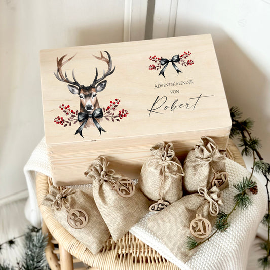 Personalisierter Hirsch Adventskalender aus Holz mit Namen zum Befüllen für Männer, Jungs, Teens