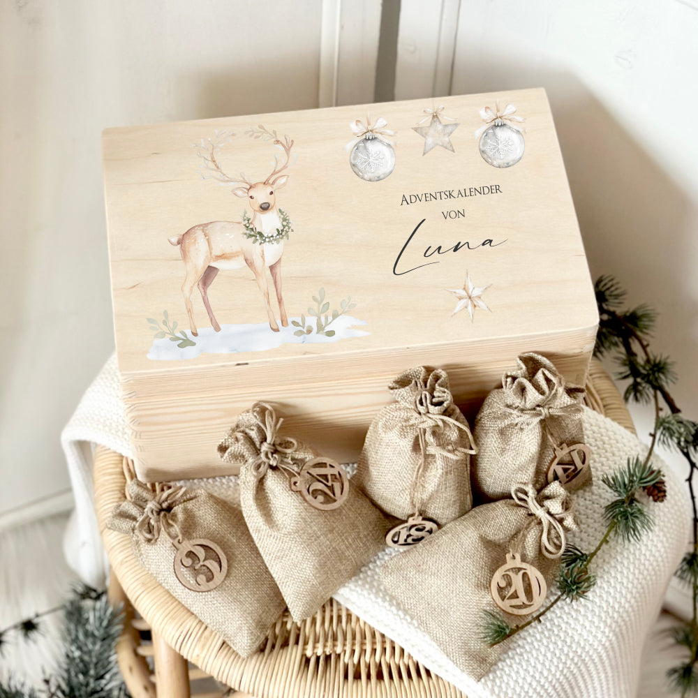 Adventskalender mit Rentier, Adventskiste zum Befüllen, Weihnachtlicher personalisierter Adventskalender