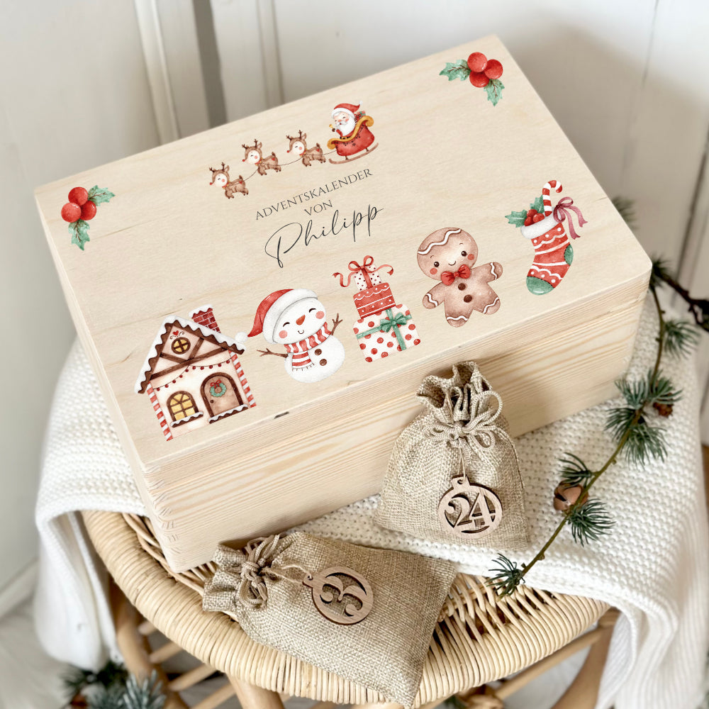 Adventskalender zum Befüllen für Kinder, Personalisierte Adventskiste mit Weihnachtsmotiv