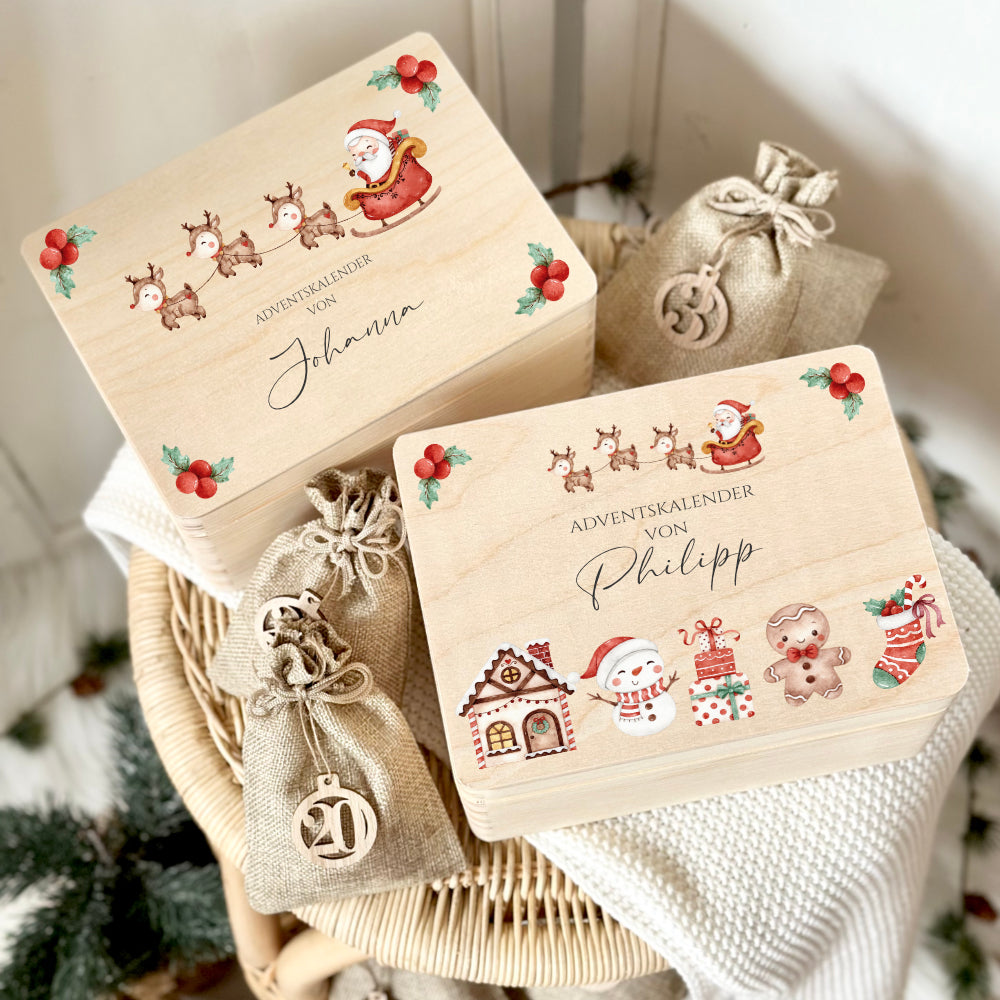 Adventskalender zum Befüllen für Kinder, Personalisierte Adventskiste mit Weihnachtsmotiv