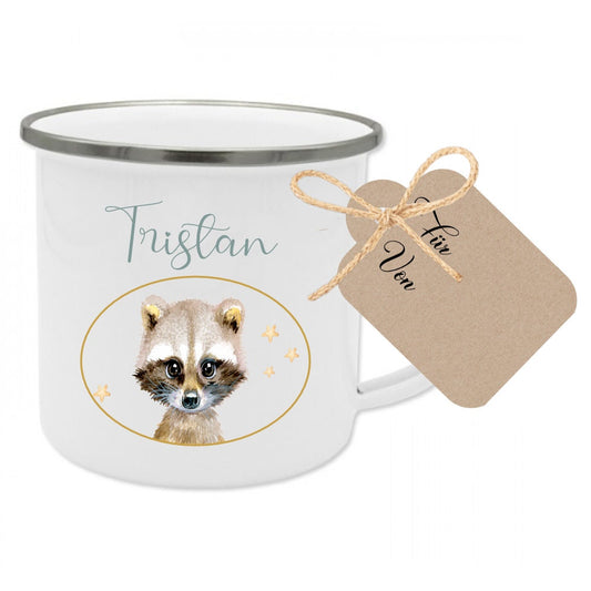 Kindertasse mit Namen und Waschbär | Tasse aus Emaille für Mädchen u. Jungen | Niedlicher Kinderbecher mit Geschenkanhänger | 5 Motivvarianten zur Auswahl